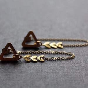 Front back earrings, double sided earring, geometric triangle studs, modern ear jacket, long gold chain unusual earrings, brass jewelry-Mara image 8