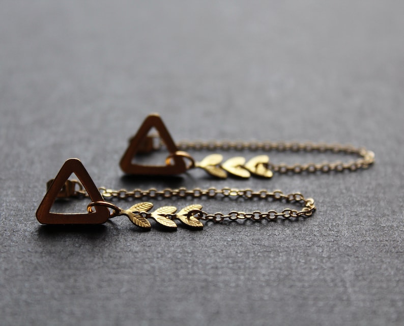 Front back earrings, double sided earring, geometric triangle studs, modern ear jacket, long gold chain unusual earrings, brass jewelry-Mara image 8