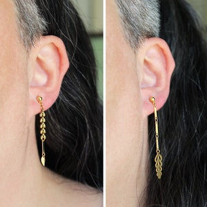 Mismatched earrings, brass metal leaf earrings, asymmetrical long dangle earrings, nature lover leaves gold studs, modern bar chain Fern image 4