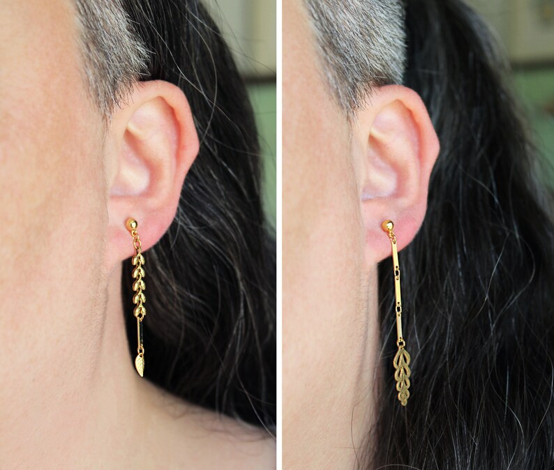 Mismatched earrings, brass metal leaf earrings, asymmetrical long dangle earrings, nature lover leaves gold studs, modern bar chain Fern image 4