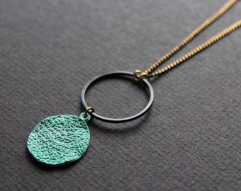 Verdigris necklace, blue green patina pendant charm, extra long necklaces for women, thin chain necklace brass jewelry, gold black circle