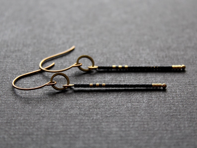 Matte black and gold beaded earrings, thin linear long bar seed bead earrings, geometric round circle, minimal modern brass earrings Larna image 7