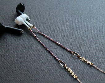 Anti-lost earphones holder, purple pink earbud necklace, modern ear pods chain gold brass leaf leaves, wireless music buds strap - Violet
