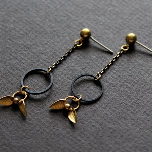 Black dangle earrings open circle earrings gold leaf drop earrings long stud earrings brass earrings chain earrings nature jewelry Valda image 7
