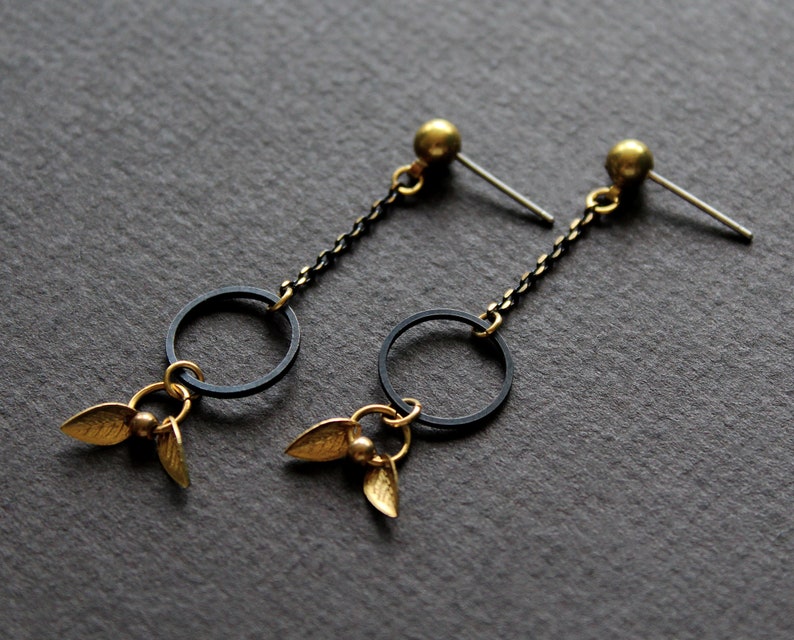 Black dangle earrings open circle earrings gold leaf drop earrings long stud earrings brass earrings chain earrings nature jewelry Valda image 7