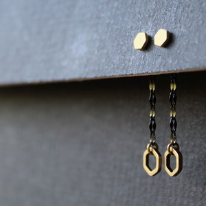 Hexagon earrings front back earrings black and gold stud earrings geometric double sided honey comb chain ear jacket brass jewelry Esme image 4