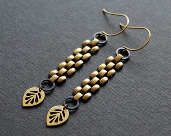 Chunky chain link earrings, brass statement dangle earrings for women, black and gold modern edgy earrings, nature leaf long earrings-Kelsey