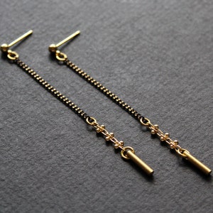 Black and gold long chain earrings, linear drop earrings, brass dangle bar studs, delicate dainty spine earrings, minimalist - Dorsa