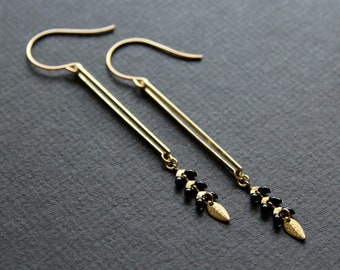 Gold and black long bar earrings chevron earrings geometric earrings metal leaf earrings brass jewelry rectangle dangle trending now - Lexis