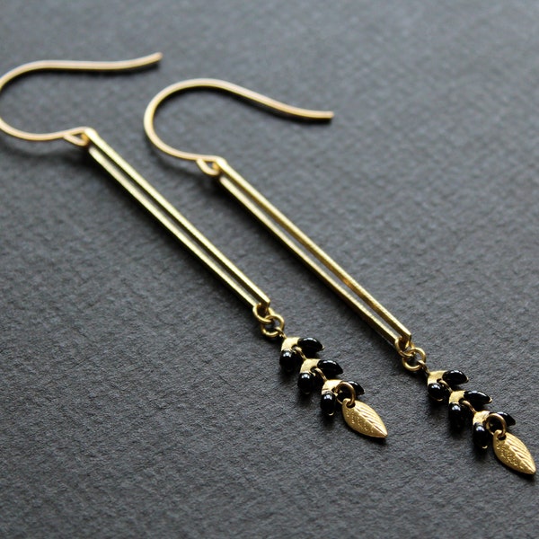 Gold and black long bar earrings chevron earrings geometric earrings metal leaf earrings brass jewelry rectangle dangle trending now - Lexis