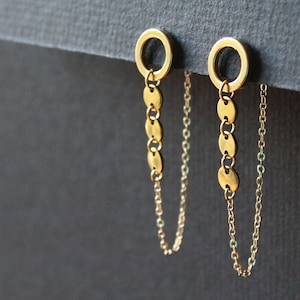 Unique ear jacket earrings, front back earrings, double sided geometric circle studs, long gold chain unusual earrings, brass jewelry -Orion