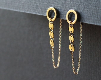 Unique ear jacket earrings, front back earrings, double sided geometric circle studs, long gold chain unusual earrings, brass jewelry -Orion
