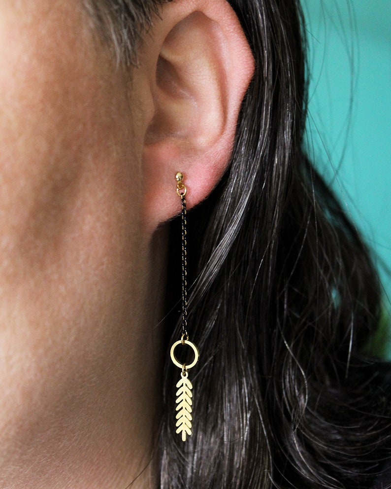 Botanical brass gold and black metal leaf earrings, dainty linear dangle long chain earrings, nature flora leaves fern studs drop Twig image 4