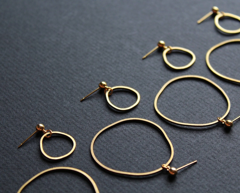 Mismatched earrings asymmetrical earring medium thin gold hoop earrings golden hoops open circle studs organic brass jewelry Topo 5 ASYM image 5