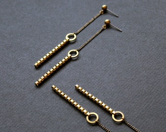 Stud chain earrings chunky earrings linear drop earrings black and gold geometric earrings long dangle earrings brass jewelry - Jillian Blk