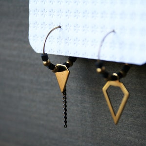 Mismatched earrings asymmetrical earrings small hoop earrings with charm black gold small beaded hoops brass geometric jewelry gift -Dusk
