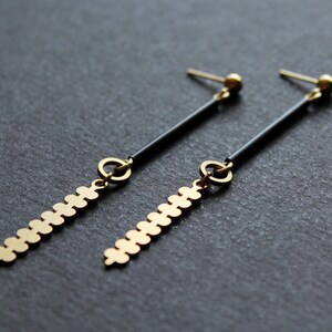 Brass geometric botanical earrings, modern branch long leaf earrings, gold and black tube bar post earrings edgy contemporary jewelry-Farley image 7