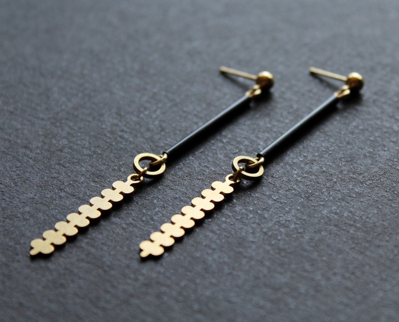 Brass geometric botanical earrings, modern branch long leaf earrings, gold and black tube bar post earrings edgy contemporary jewelry-Farley image 7