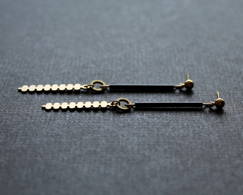 Brass geometric botanical earrings, modern branch long leaf earrings, gold and black tube bar post earrings edgy contemporary jewelry-Farley image 5