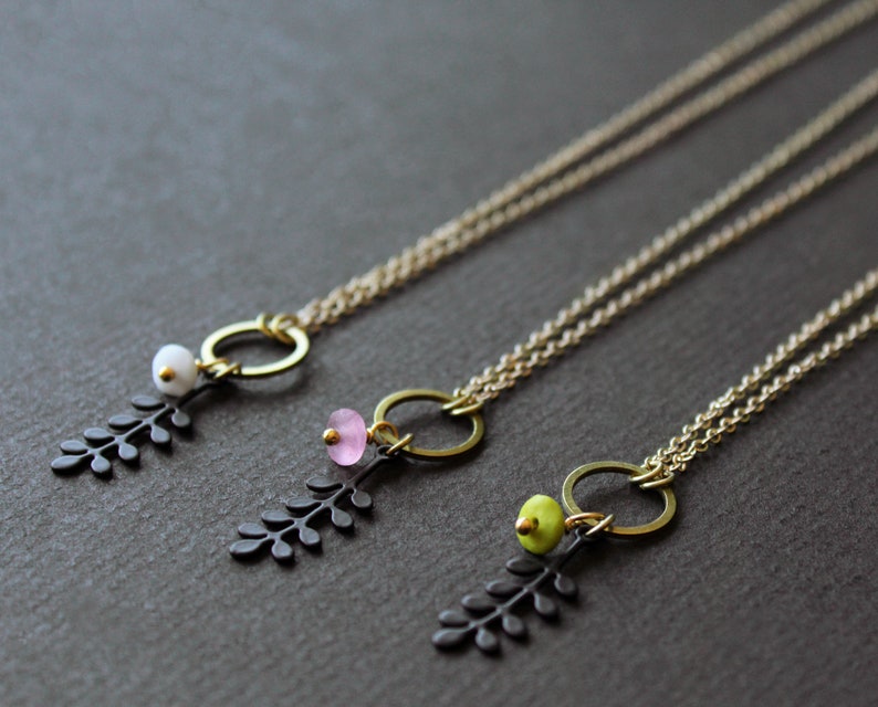 Short dainty botanical necklace, matte black leaf pendant necklace, multi charm necklace, pink chartreuse green white glass bead Solis image 8