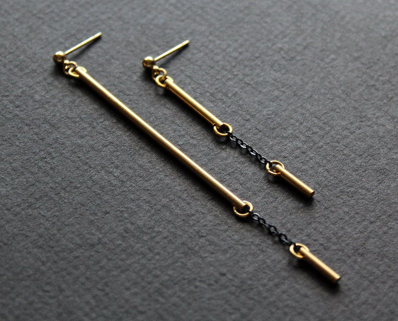 Mismatched earrings, asymmetrical solid brass bar earrings, black and gold long tube stud earrings, contemporary modern edgy earrings Rift image 1