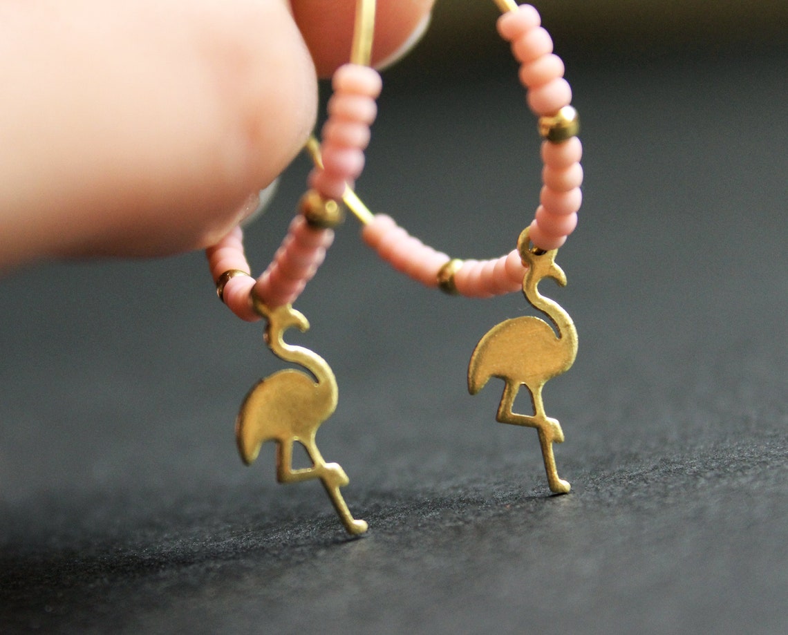 Flamingo Earrings Beaded Hoop Earrings With Charm Pink Small - Etsy