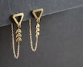 Front back earrings, double sided earring, geometric triangle studs, modern ear jacket, long gold chain unusual earrings, brass jewelry-Mara