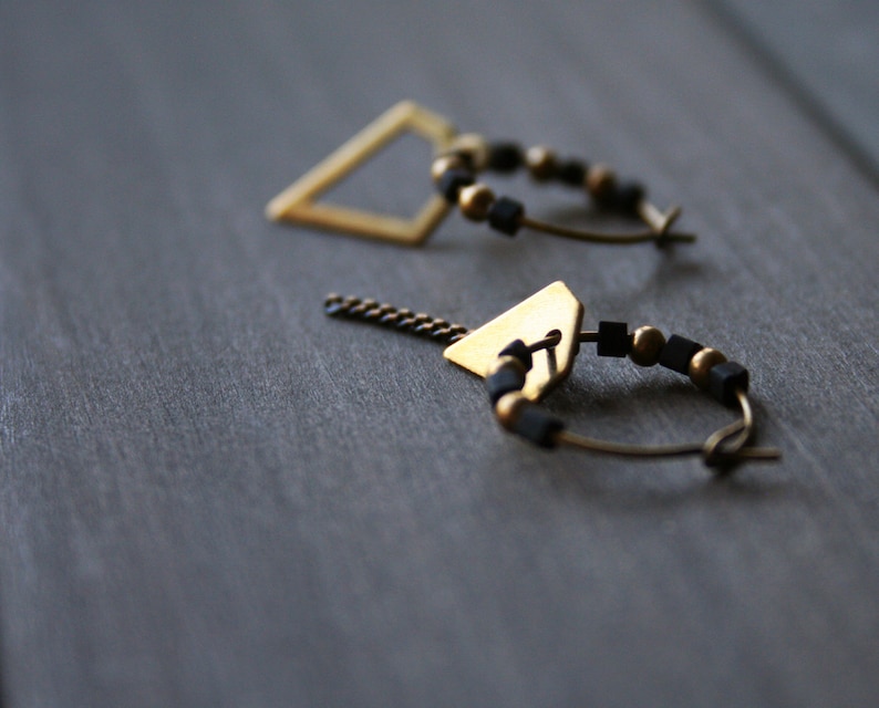 Mismatched earrings asymmetrical earrings small hoop earrings with charm black gold small beaded hoops brass geometric jewelry gift Dusk image 3