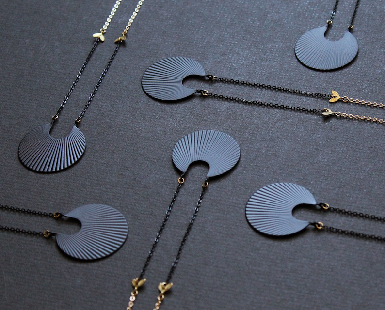 Crescent moon necklace matte black geometric necklace long necklaces for women art deco pendant fan necklace circle brass jewelry Calixte image 10