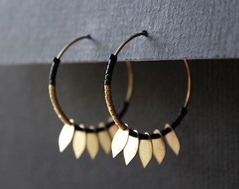 Beaded hoop earrings with brass leaves, matte black and gold seed bead earrings, edgy earrings modern medium size hoops - Phoenix Earrings