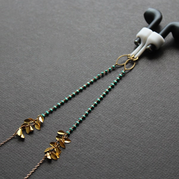 Sangle d'écouteur anti-perte moderne, collier porte-cosses d'oreille sans fil bleu turquoise avec feuilles en laiton, lanière de cordon d'écouteurs sans fil - Uzima