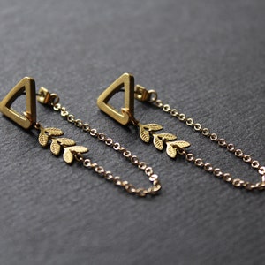 Front back earrings, double sided earring, geometric triangle studs, modern ear jacket, long gold chain unusual earrings, brass jewelry-Mara image 2