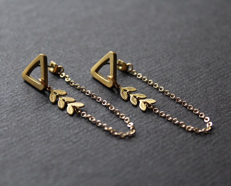 Front back earrings, double sided earring, geometric triangle studs, modern ear jacket, long gold chain unusual earrings, brass jewelry-Mara image 2