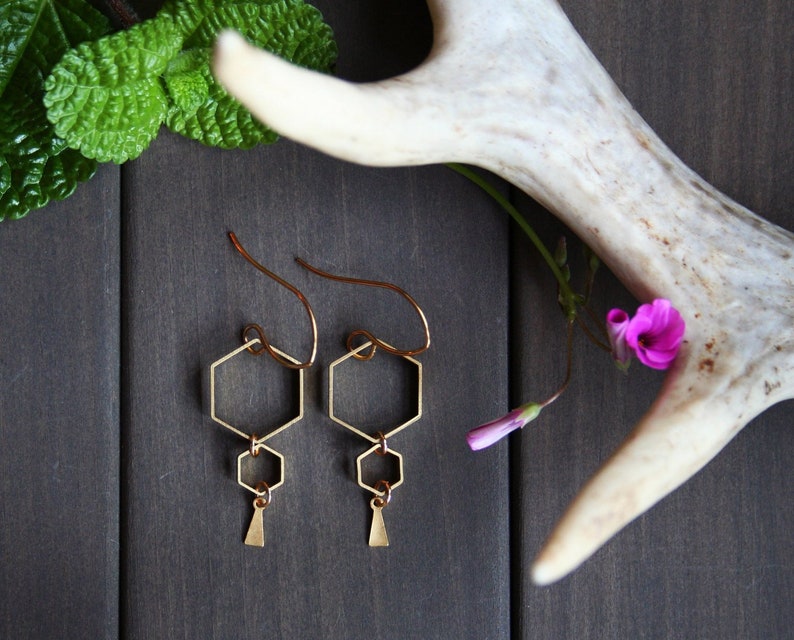 Hexagon earrings geometric earrings beekeeper gift for her honey comb earrings honey bee earrings nature lover gift hive gold brass Ruche image 4