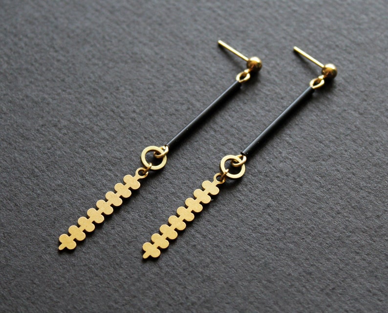 Brass geometric botanical earrings, modern branch long leaf earrings, gold and black tube bar post earrings edgy contemporary jewelry-Farley image 1