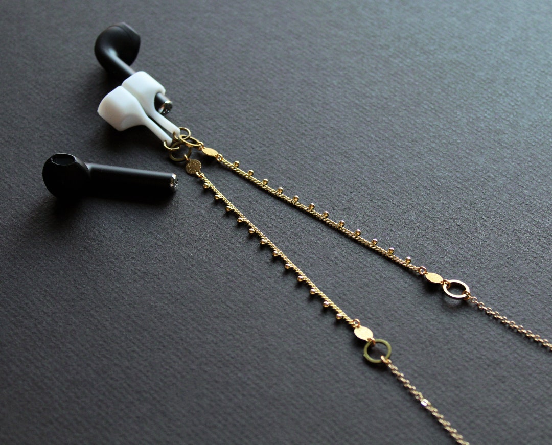 Cute Dotted Antilost Earbud Chain Necklace, Gold Plated Ear Pods