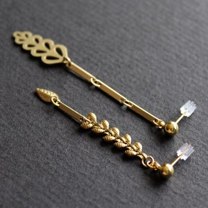 Mismatched earrings, brass metal leaf earrings, asymmetrical long dangle earrings, nature lover leaves gold studs, modern bar chain Fern image 5