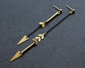 Mismatched earrings asymmetrical earrings unusual earrings gold black brass jewelry extra long chain earrings leaf triangle modern - Clovia