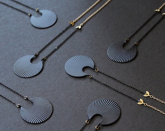 Crescent moon necklace matte black geometric necklace long necklaces for women art deco pendant fan necklace circle brass jewelry - Calixte