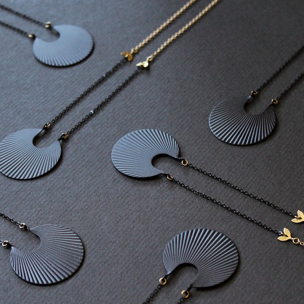 Crescent moon necklace matte black geometric necklace long necklaces for women art deco pendant fan necklace circle brass jewelry - Calixte