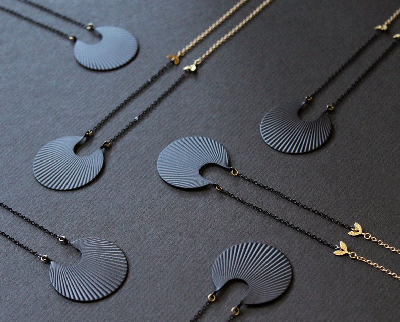 Crescent moon necklace matte black geometric necklace long necklaces for women art deco pendant fan necklace circle brass jewelry Calixte image 1