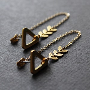 Front back earrings, double sided earring, geometric triangle studs, modern ear jacket, long gold chain unusual earrings, brass jewelry-Mara image 6