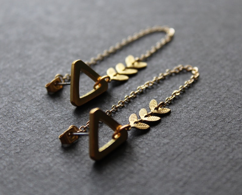 Front back earrings, double sided earring, geometric triangle studs, modern ear jacket, long gold chain unusual earrings, brass jewelry-Mara image 6