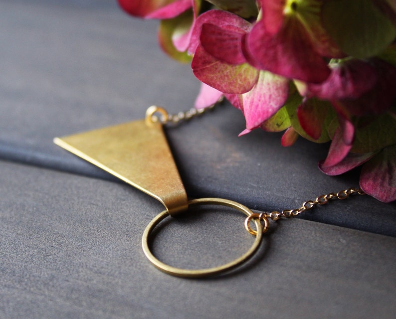Gold geometric necklace short triangle necklace circle minimalist jewelry brass pendant necklace for women modern bow tie - Tegan Necklace image 2