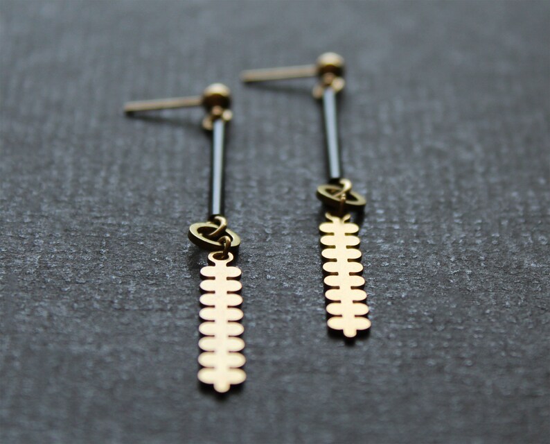 Brass geometric botanical earrings, modern branch long leaf earrings, gold and black tube bar post earrings edgy contemporary jewelry-Farley image 8