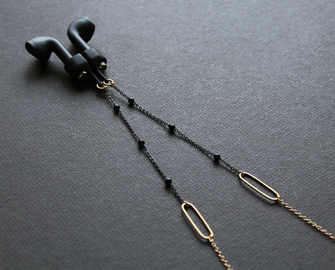 Anti Lost Earbud Chain Strap, Black and Gold Ear Pods Holder Necklace