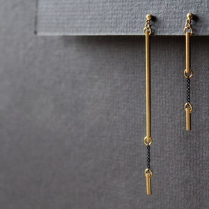 Mismatched earrings, asymmetrical solid brass bar earrings, black and gold long tube stud earrings, contemporary modern edgy earrings Rift image 2