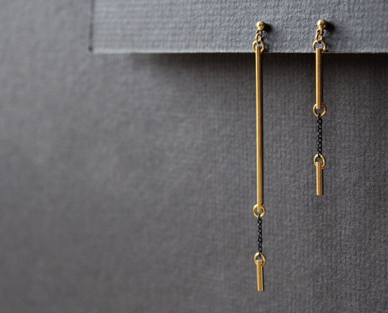 Mismatched earrings, asymmetrical solid brass bar earrings, black and gold long tube stud earrings, contemporary modern edgy earrings Rift image 2