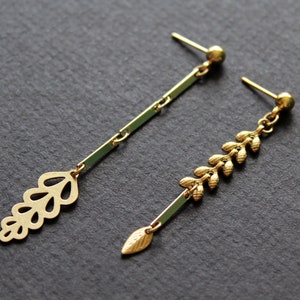 Mismatched earrings, brass metal leaf earrings, asymmetrical long dangle earrings, nature lover leaves gold studs, modern bar chain Fern image 1