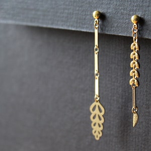 Mismatched earrings, brass metal leaf earrings, asymmetrical long dangle earrings, nature lover leaves gold studs, modern bar chain Fern image 2